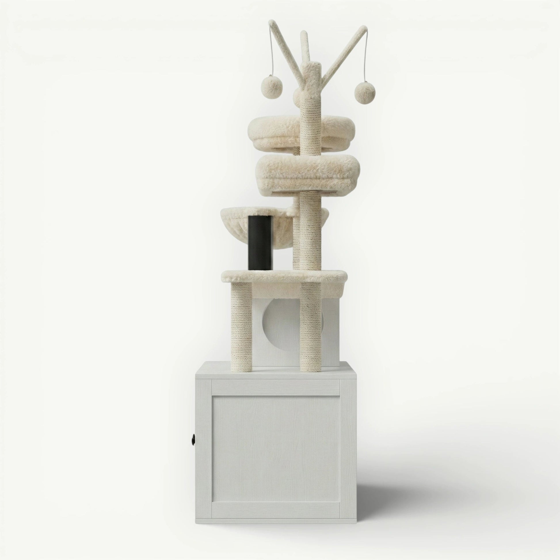 Vue latérale meuble litière chat blanc arbre intégré