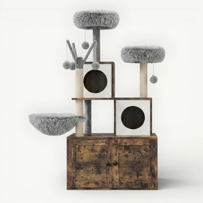 Meuble litière arbre chat bois marron rustique vue face