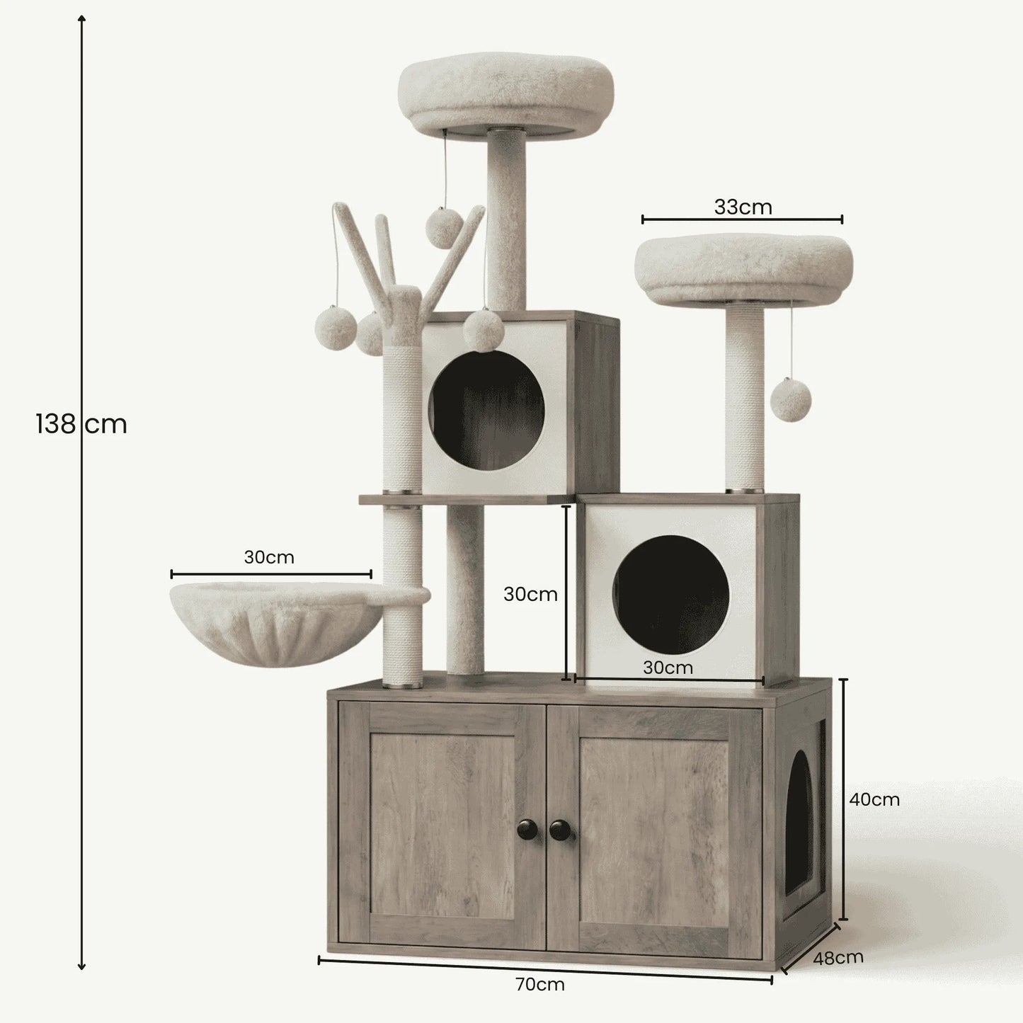 Dimensions meuble litière arbre chat bois greige 138cm hauteur base 70x48cm