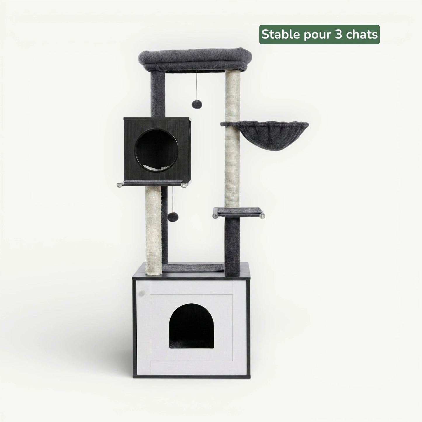 Meuble litière arbre chat gris foncé avec hamac et niches