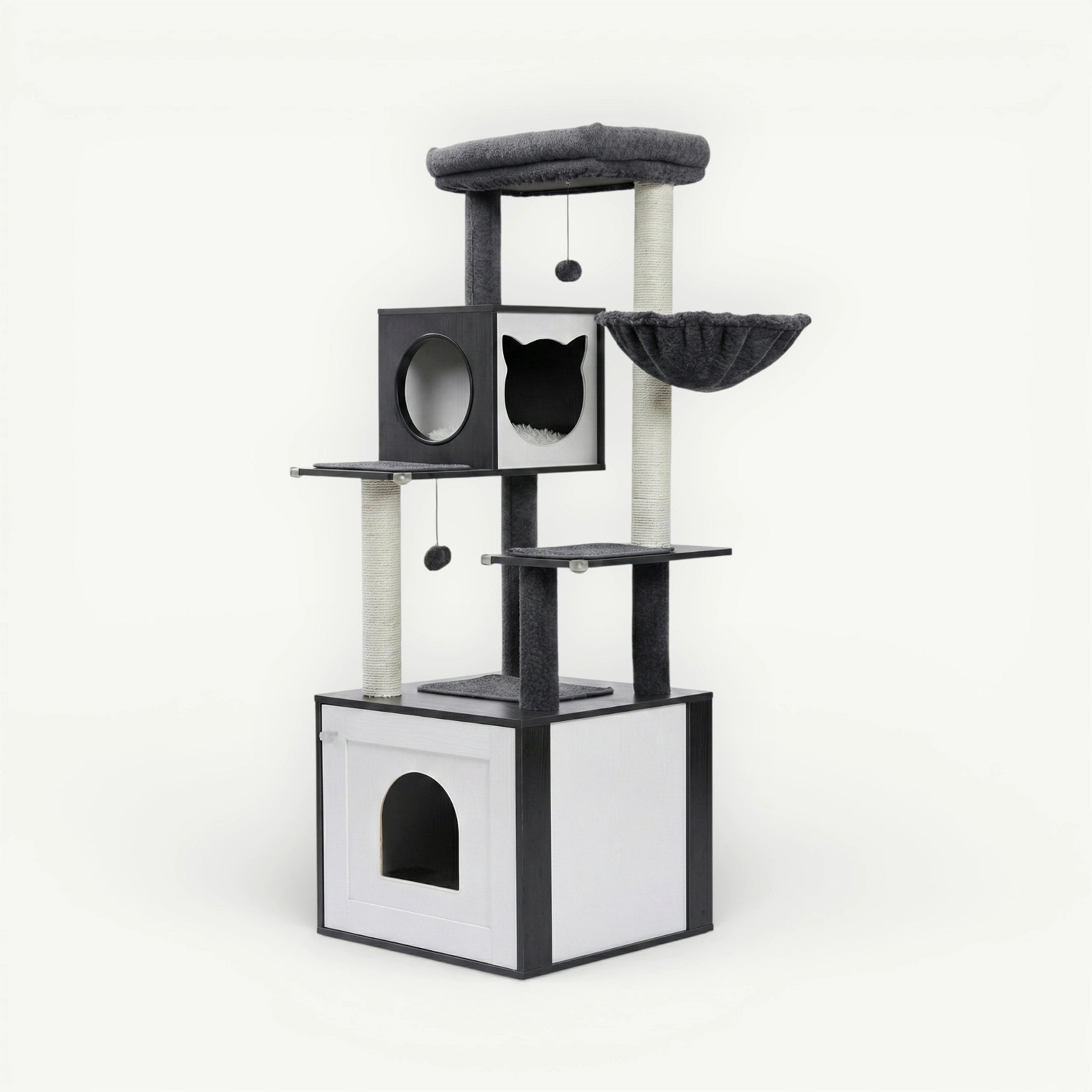 Vue latérale meuble litière arbre chat gris 144cm structure stable