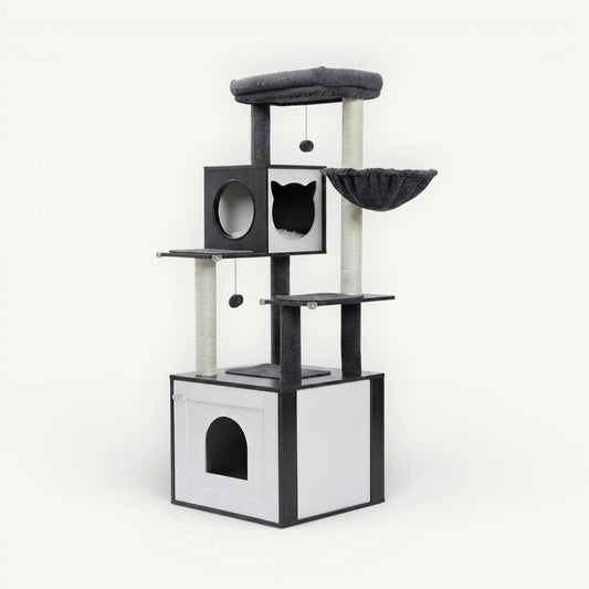 Vue latérale meuble litière arbre chat gris 144cm structure stable