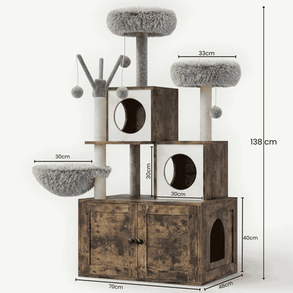 Dimensions meuble litière arbre chat bois marron 138cm hauteur base 70x48cm