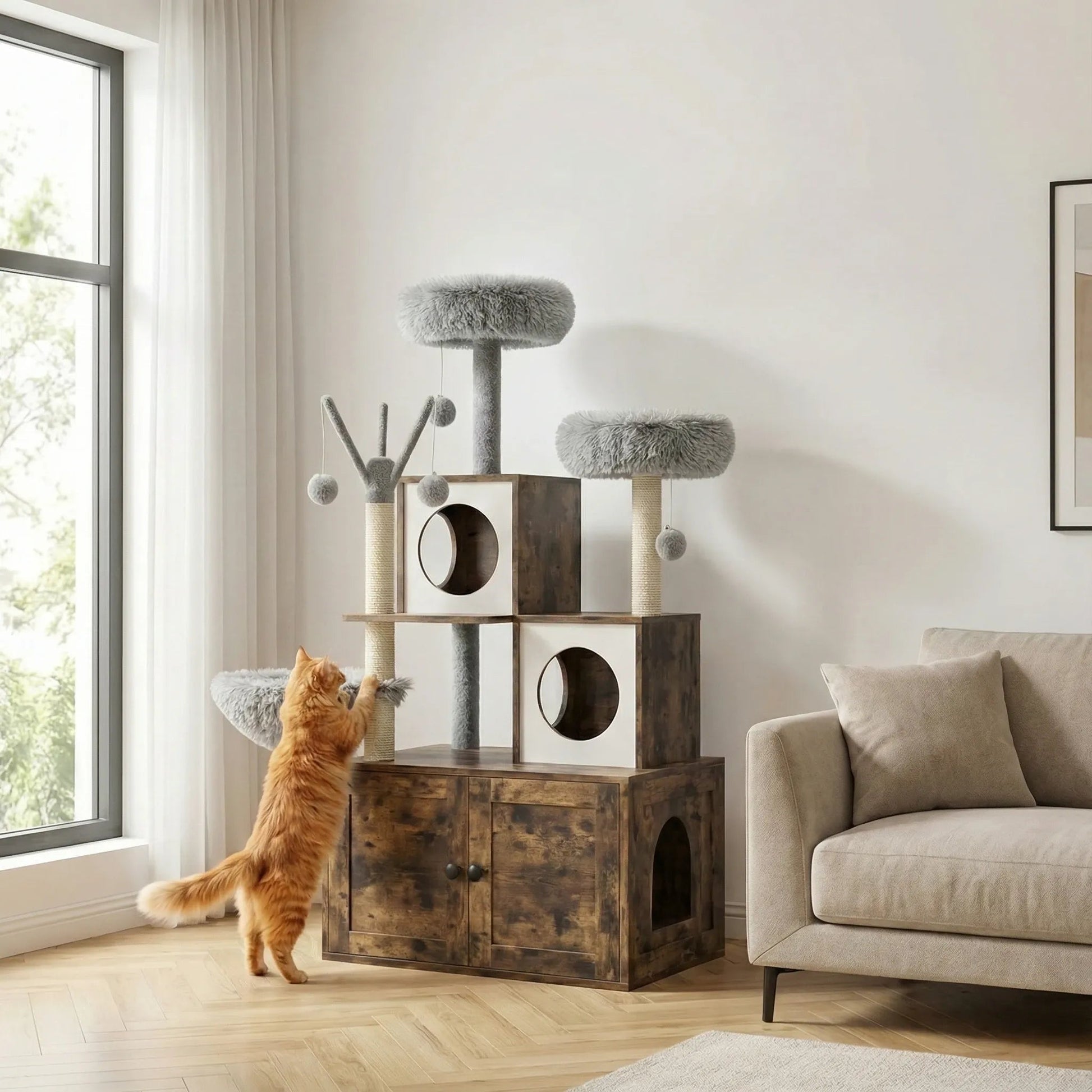 Meuble litière arbre chat bois marron installé salon