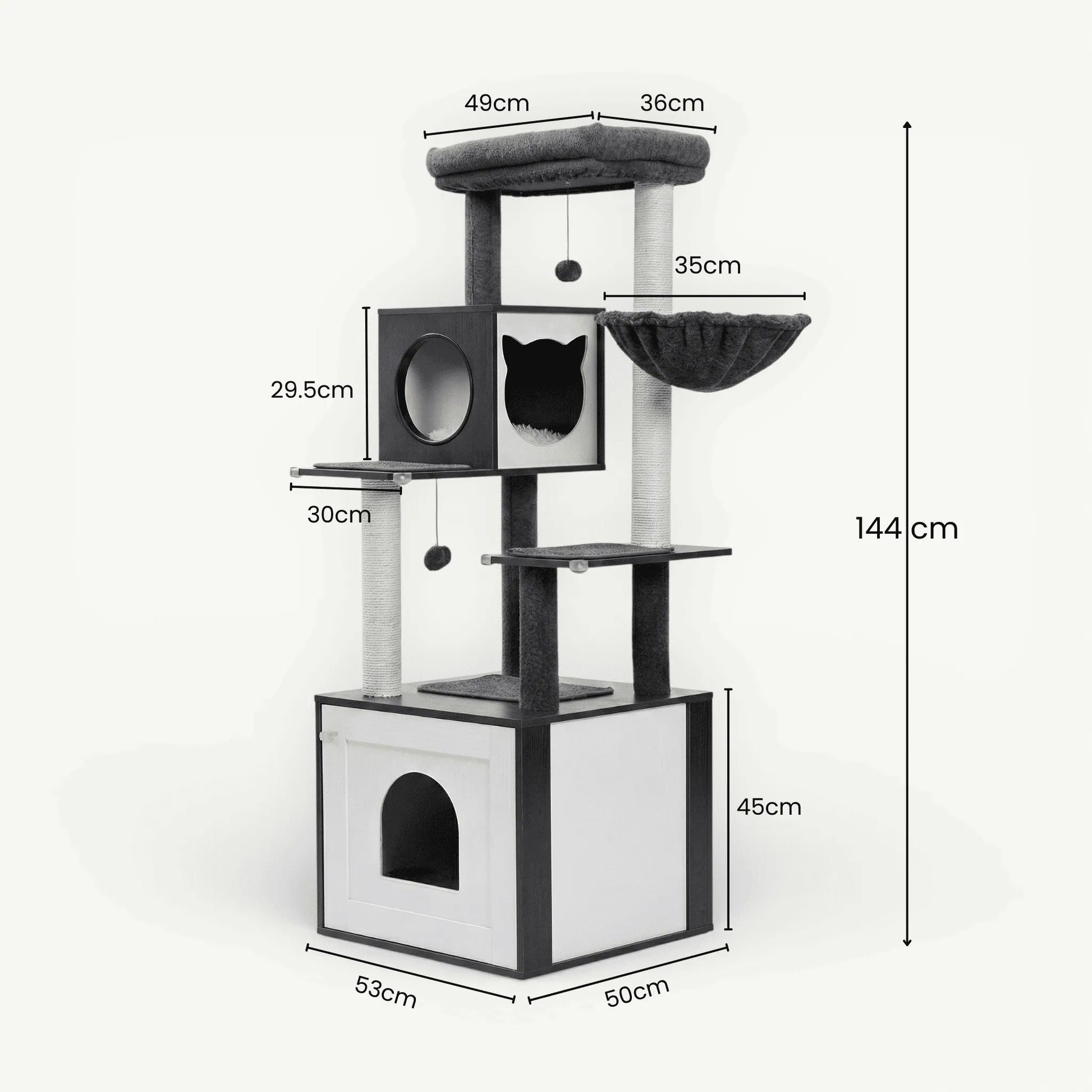 Dimensions meuble litière arbre chat noir graphique 144cm hauteur base 53x50cm