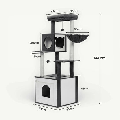 Dimensions meuble litière arbre chat noir graphique 144cm hauteur base 53x50cm