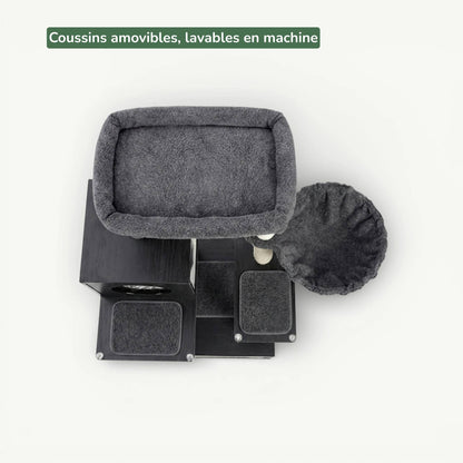 Vue dessus meuble litière arbre chat noir avec plateformes et hamac gris
