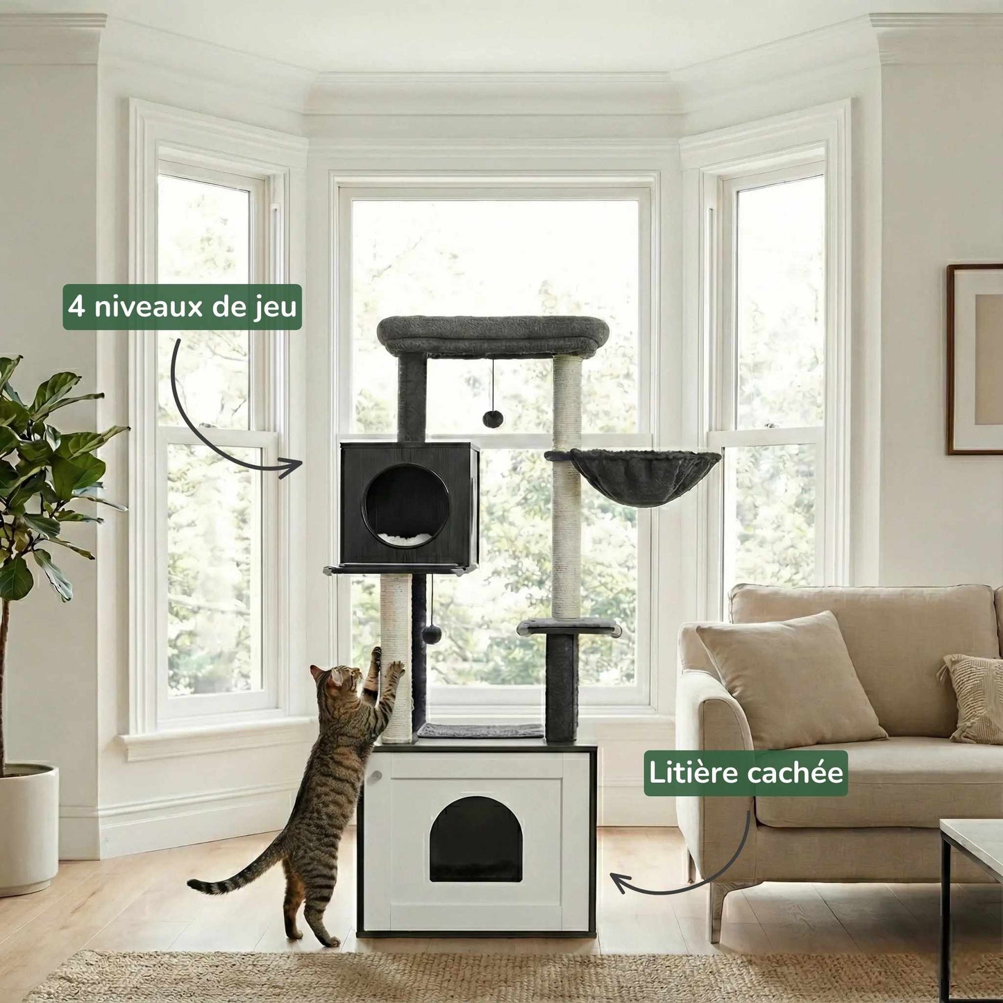 Tour meuble litière chat avec arbre intégré dans salon contemporain