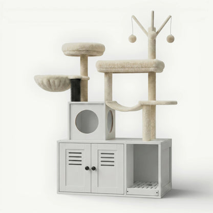 Meuble litière chat blanc avec arbre intégré tour compacte multifonction