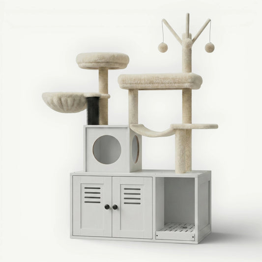 Meuble litière chat blanc avec arbre intégré tour compacte multifonction