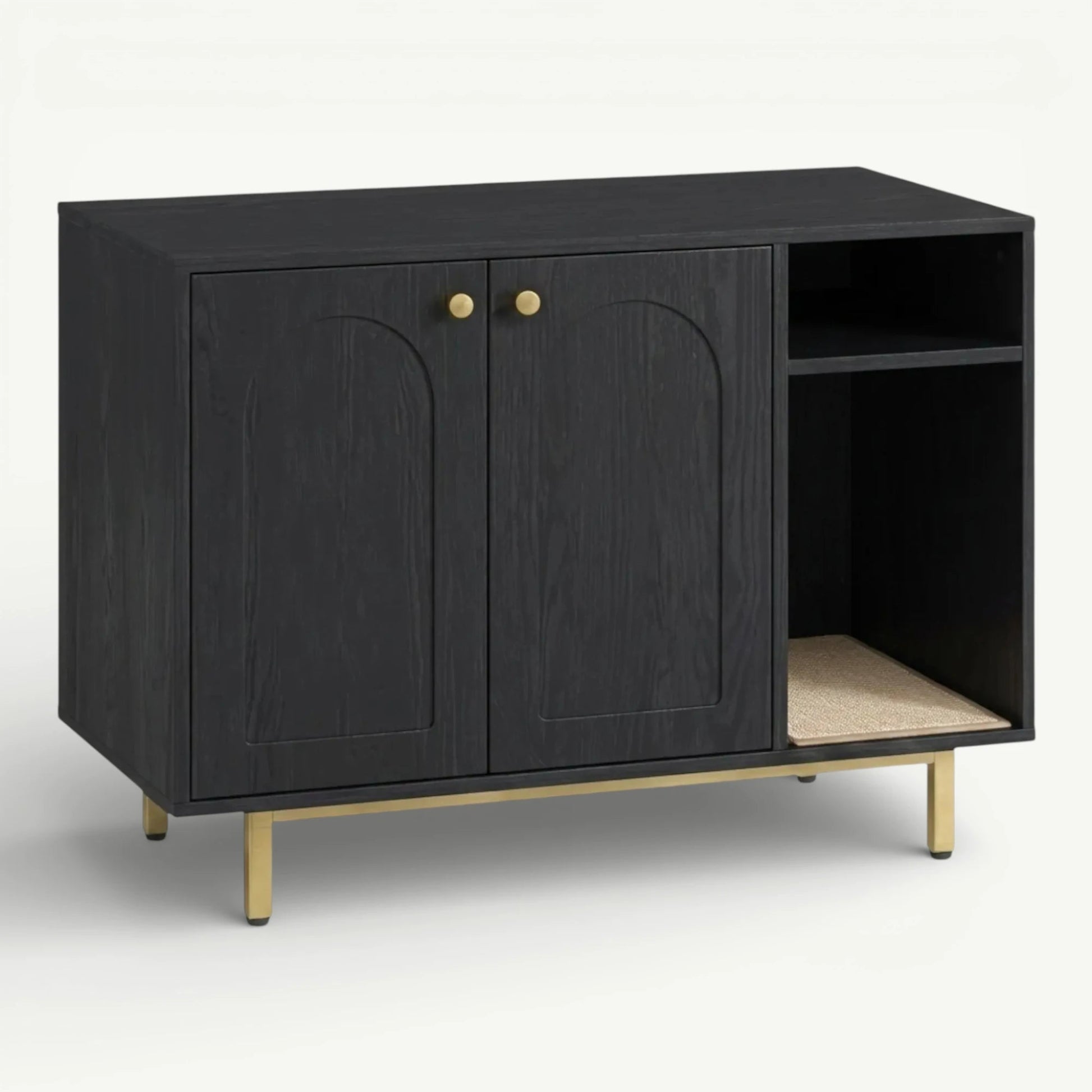 Meuble cache litière chat noir mat avec détails dorés et pieds en acier