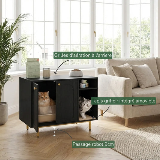 Meuble litière chat design noir dans salon moderne avec grilles d'aération arrière, tapis griffoir intégré amovible et passage robot aspirateur 9cm